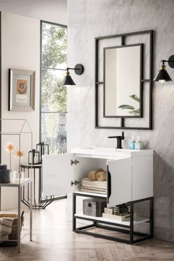 Columbia 31.5" Single Vanity, Glossy White, Matte Black, w/ White Glossy Composite Stone Top - Image 4