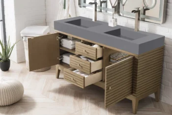 Linear 59" Double Vanity Whitewashed Walnut w/ Dusk Grey Glossy Composite Stone Top - Image 4
