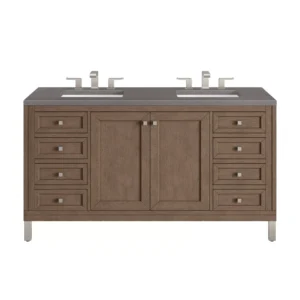 Chicago 60″ Double Vanity, Whitewashed Walnut w/ 3 CM Grey Expo Quartz Top