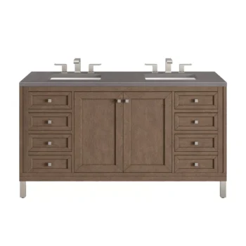 Chicago 60" Double Vanity, Whitewashed Walnut w/ 3 CM Grey Expo Quartz Top