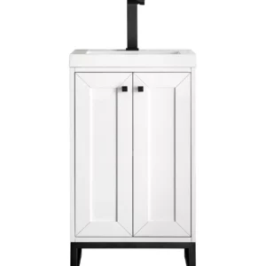Chianti 20″ Single Vanity, Glossy White, Matte Black, w/ White Glossy Composite Stone Top