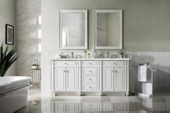 Bristol 72" Double Vanity, Bright White w/ 3 CM Carrara Marble Top - Image 3