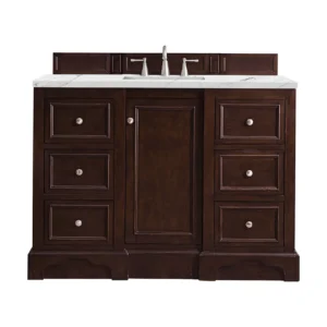 De Soto 48″ Single Vanity, Burnished Mahogany w/ 3 CM Ethereal Noctis Quartz Top