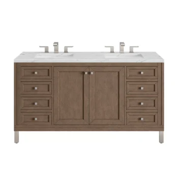 Chicago 60" Double Vanity, Whitewashed Walnut w/ 3 CM Ethereal Noctis Quartz Top