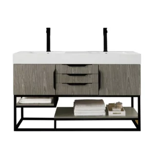 Columbia 59″ Double Vanity, Ash Gray, Matte Black w/ Glossy White Composite Stone Top