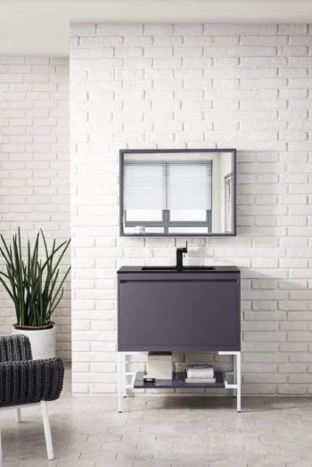 Milan 31.5" Single Vanity, Modern Gray Glossy, Glossy White w/ Charcoal Black Composite Stone Top - Image 2