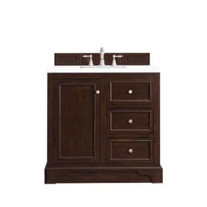 De Soto 36″ Single Vanity, Burnished Mahogany w/ 3 CM White Zeus Quartz Top
