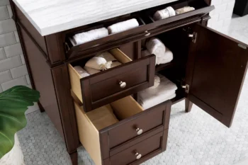 Brittany 36" Single Vanity, Burnished Mahogany w/ 3 CM Arctic Fall Solid Surface Top - Image 4