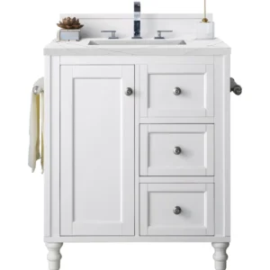 Copper Cove Encore 30″ Single Vanity, Bright White w/ 3 CM Ethereal Noctis Quartz Top
