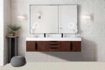 Mercer Island 72" Double Vanity, Coffee Oak, Matte Black w/ Glossy White Composite Stone Top - Image 2
