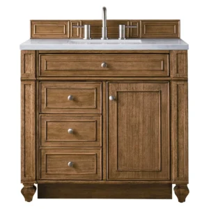 Bristol 36″ Single Vanity, Saddle Brown w/ 3 CM Eternal Jasmine Pearl Quartz Top