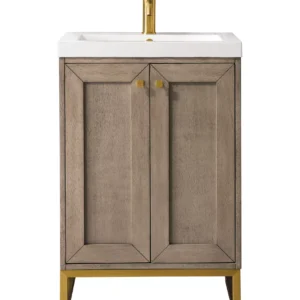 Chianti 20″ Single Vanity, Whitewashed Walnut, Radiant Gold, w/ White Glossy Composite Stone Top