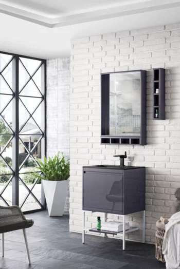 Milan 23.6" Single Vanity, Modern Gray Glossy, Glossy White w/ Charcoal Black Composite Stone Top - Image 3