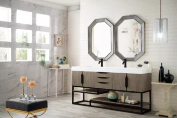 Columbia 72" Double Vanity, Ash Gray, Matte Black w/ Glossy White Composite Stone Top - Image 2