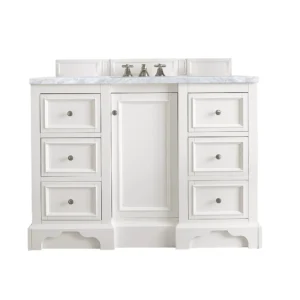 De Soto 48″ Single Vanity, Bright White w/ 3 CM Carrara Marble Top