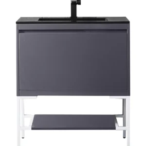 Milan 31.5″ Single Vanity, Modern Gray Glossy, Glossy White w/ Charcoal Black Composite Stone Top