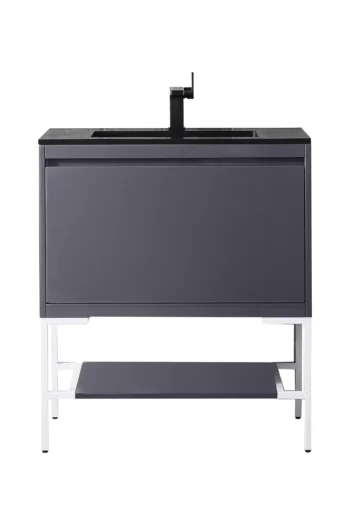 Milan 31.5" Single Vanity, Modern Gray Glossy, Glossy White w/ Charcoal Black Composite Stone Top