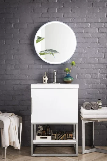 Columbia 24" Single Vanity, Glossy White, Brushed Nickel w/ White Glossy Composite Stone Top - Image 2