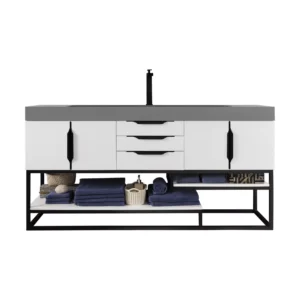 Columbia 72″ Single Vanity, Glossy White, Matte Black w/ Dusk Grey Glossy Composite Stone Top