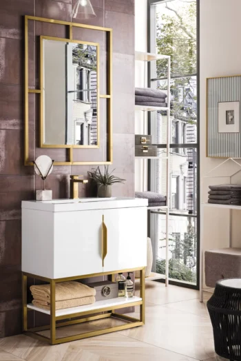 Columbia 31.5" Single Vanity, Glossy White, Radiant Gold, w/ White Glossy Composite Stone Top - Image 3