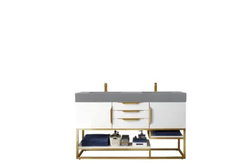 Columbia 59" Double Vanity, Glossy White, Radiant Gold w/ Dusk Grey Glossy Composite Stone Top