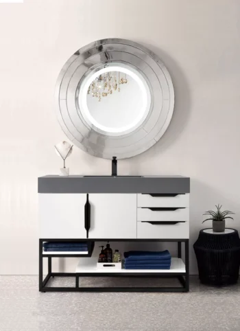 Columbia 48" Single Vanity, Glossy White, Matte Black w/ Dusk Grey Glossy Composite Stone Top - Image 2