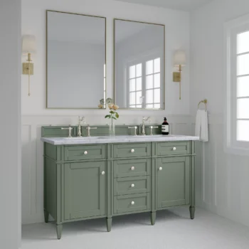 Brittany 60" Double Vanity, Smokey Celadon w/ 3 CM Carrara Marble Top - Image 4