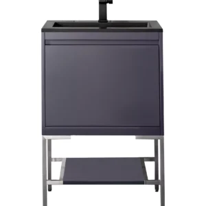 Milan 23.6″ Single Vanity, Modern Gray Glossy, Brushed Nickel w/ Charcoal Black Composite Stone Top
