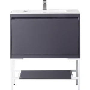 Milan 31.5″ Single Vanity, Modern Gray Glossy, Glossy White w/ Glossy White Composite Stone Top