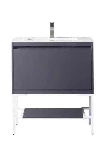 Milan 31.5" Single Vanity, Modern Gray Glossy, Glossy White w/ Glossy White Composite Stone Top