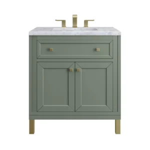 Chicago 30″ Single Vanity, Smokey Celadon w/ 3 CM Carrara Marble Top