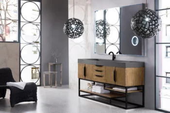 Columbia 72" Single Vanity, Latte Oak, Matte Black w/ Dusk Grey Glossy Composite Stone Top - Image 3