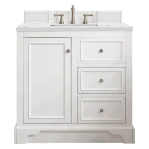 De Soto 36″ Single Vanity, Bright White, w/ 3 CM Ethereal Noctis Quartz Top