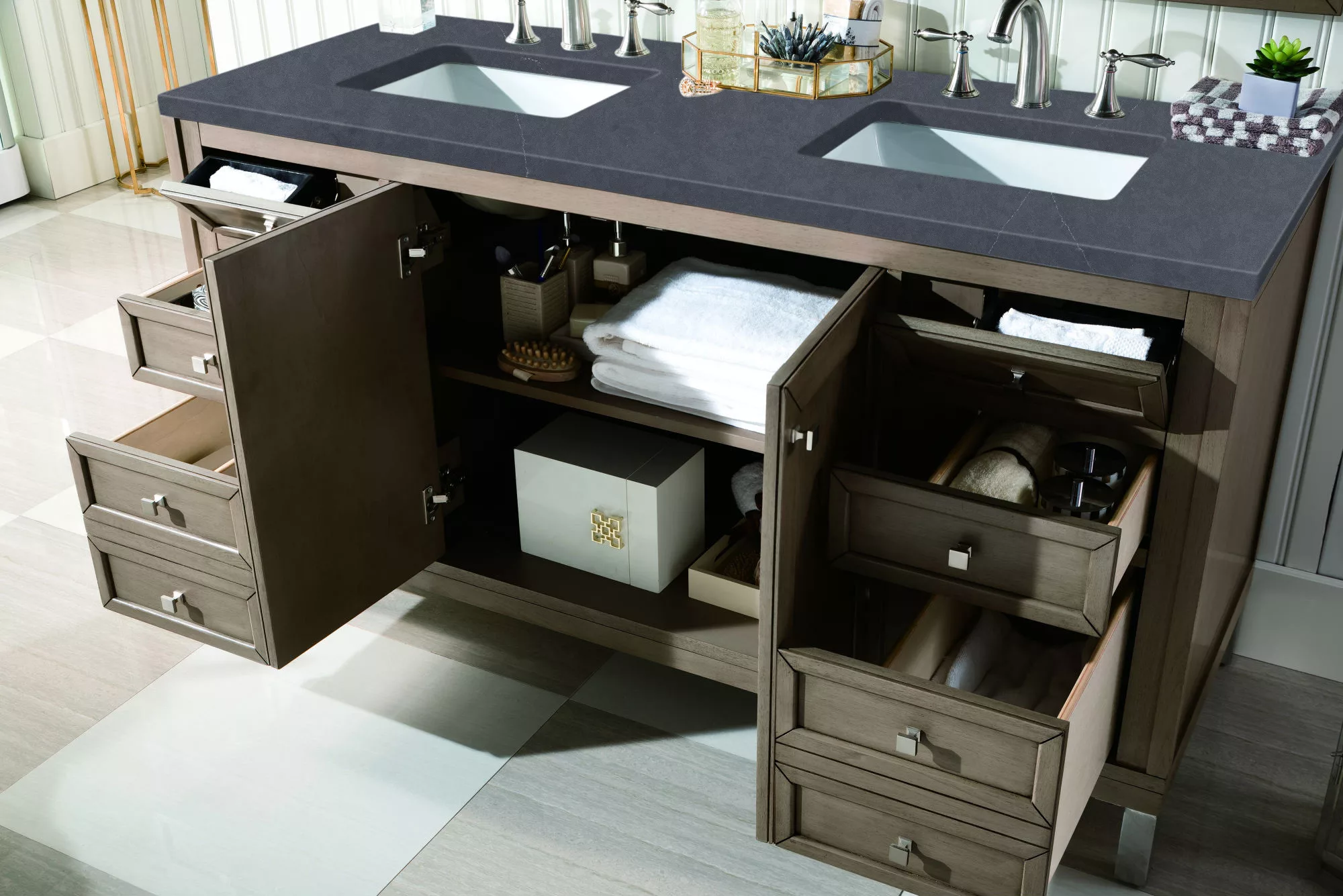 Chicago 60" Double Vanity, Whitewashed Walnut w/ 3 CM Charcoal Soapstone Quartz Top - Image 6