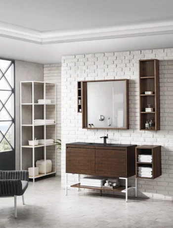 Milan 47.3" Single Vanity, Mid-Century Walnut, Glossy White w/ Charcoal Black Composite Stone Top - Image 3