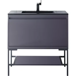 Milan 35.4″ Single Vanity, Modern Gray Glossy, Matte Black w/ Charcoal Black Composite Stone Top