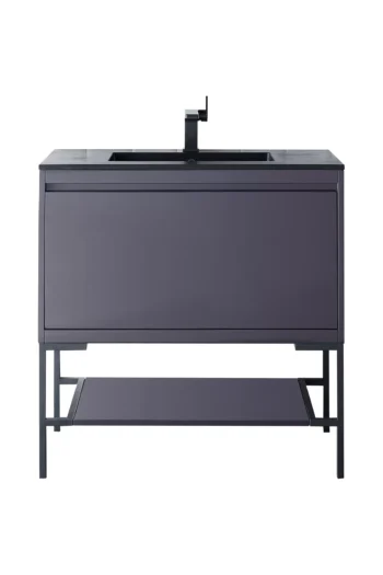 Milan 35.4" Single Vanity, Modern Gray Glossy, Matte Black w/ Charcoal Black Composite Stone Top
