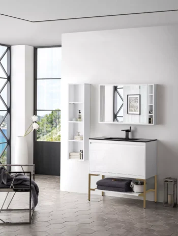 Milan 35.4" Single Vanity, Glossy White, Radiant Gold w/ Charcoal Black Composite Stone Top - Image 3