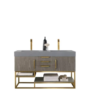 Columbia 59″ Double Vanity, Ash Gray, Radiant Gold w/ Dusk Grey Glossy Composite Stone Top