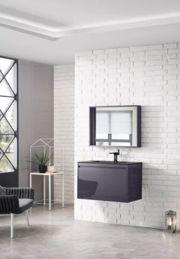 Milan 31.5" Single Vanity, Modern Gray Glossy w/ Charcoal Black Composite Stone Top - Image 3