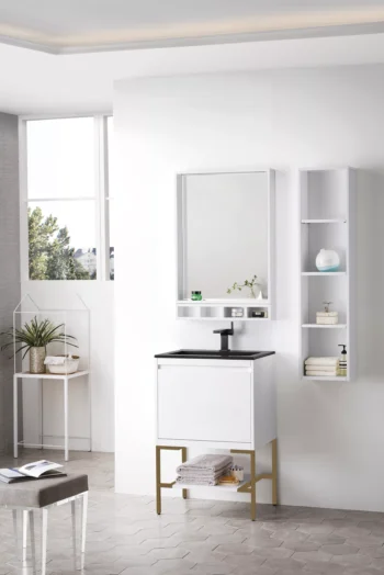 Milan 23.6" Single Vanity, Glossy White, Radiant Gold w/ Charcoal Black Composite Stone Top - Image 3