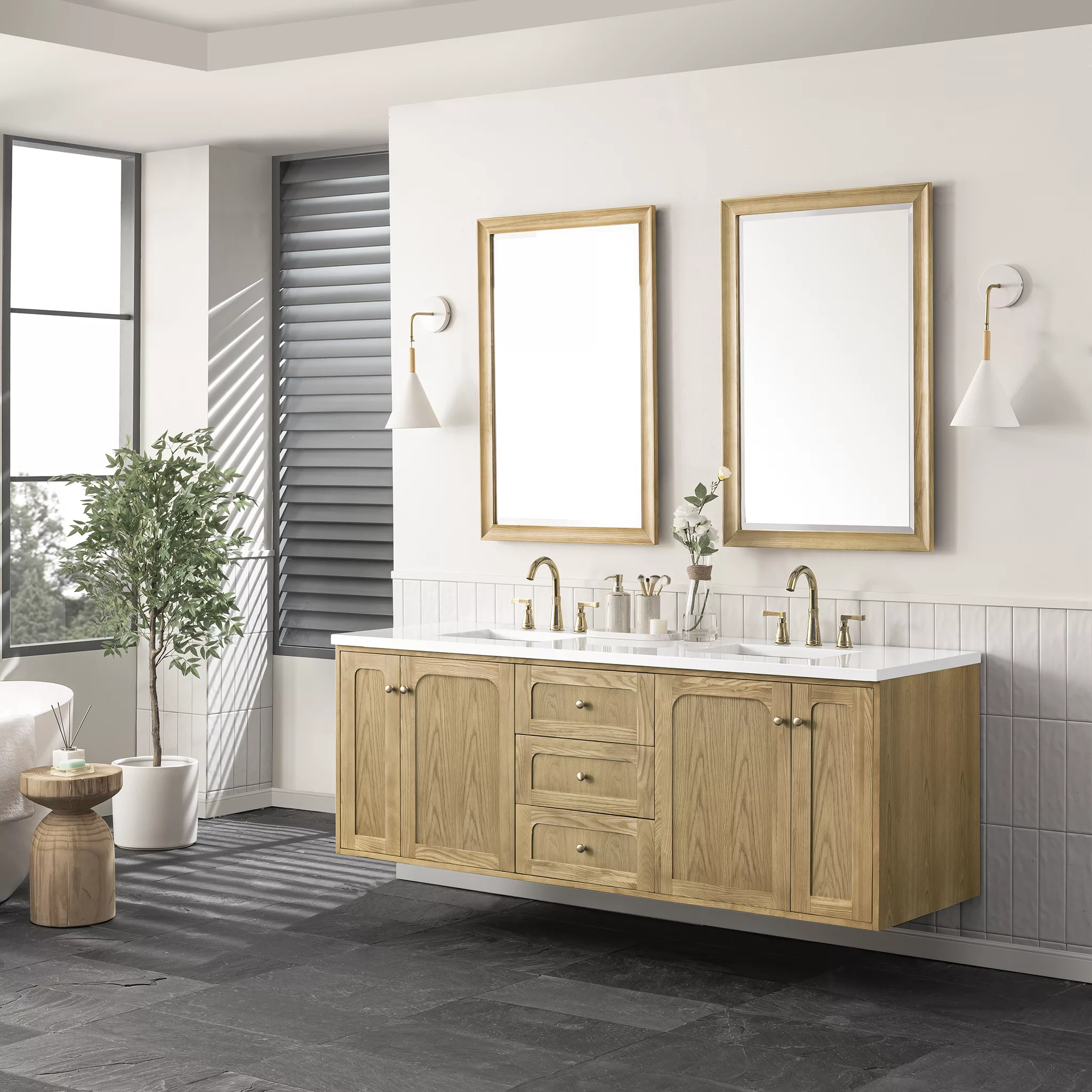 Laurent 72" Double Vanity, Light Natural Oak w/ 3 CM White Zeus Top - Image 5