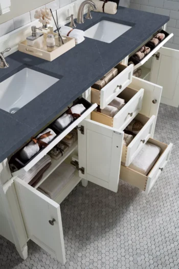 Brittany 72" Double Vanity, Bright White Vanity w/ 3 CM Charcoal Soapstone Quartz Top - Image 4