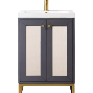 Chianti 24″ Single Vanity, Mineral Gray, Radiant Gold, w/ White Glossy Composite Stone Top