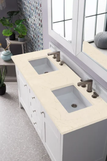 Palisades 60" Double Vanity, Bright White w/ 3 CM Eternal Marfil Quartz Top - Image 3