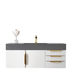 Mercer Island 48″ Single Vanity, Glossy White, Radiant Gold w/ Dusk Grey Glossy Composite Stone Top