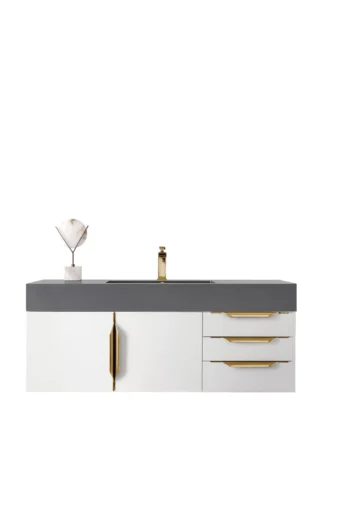 Mercer Island 48" Single Vanity, Glossy White, Radiant Gold w/ Dusk Grey Glossy Composite Stone Top