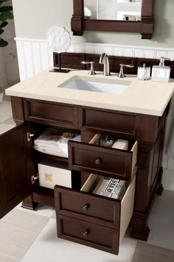 Brookfield 36" Single Vanity, Burnished Mahogany w/ 3 CM Eternal Marfil Quartz Top - Image 4