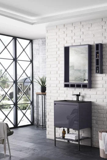Milan 23.6" Single Vanity, Modern Gray Glossy, Matte Black w/ Charcoal Black Composite Stone Top - Image 3