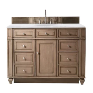 Bristol 48″ Single Vanity, Whitewashed Walnut w/ 3 CM Arctic Fall Solid Surface Top